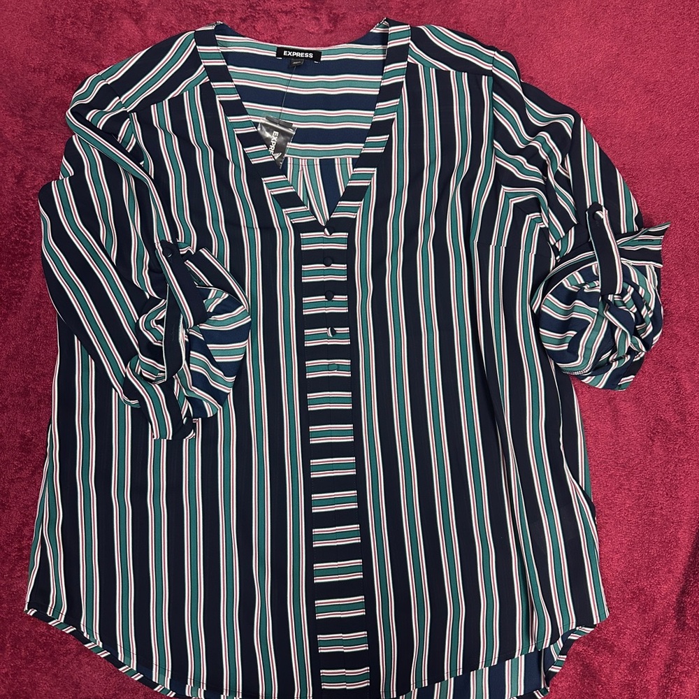 Express Navy, Teal & White Vertical Stripe V-Neck Blouse